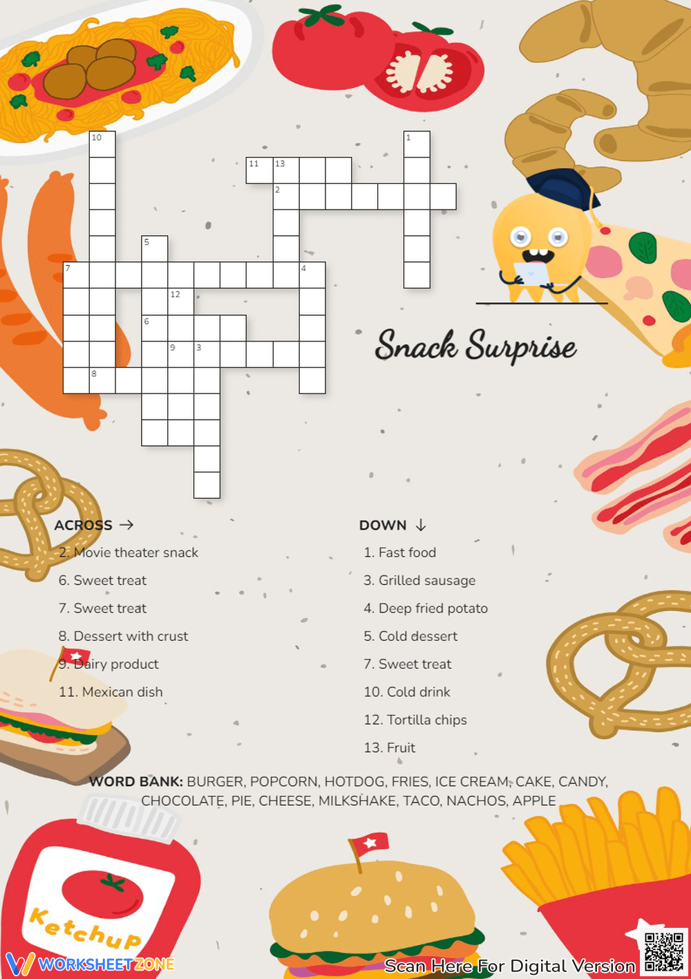 Grade 3 Food Crossword Puzzle Worksheets Printable