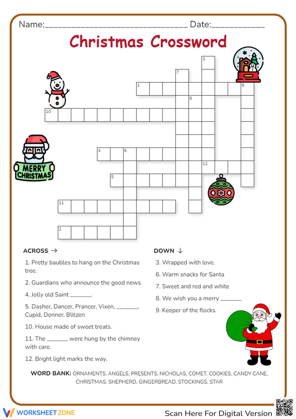 Grade 6 Christmas Crossword Puzzle Worksheets 2025