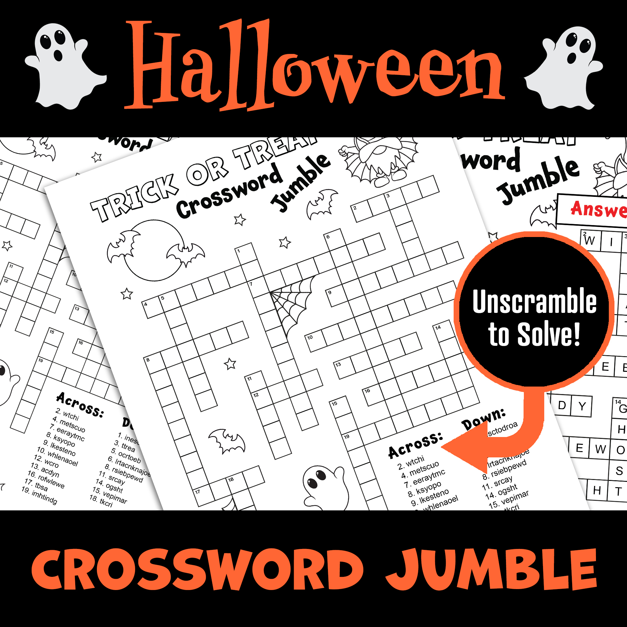 halloween crossword jumble puzzle autumn word scramble unscramble word game activity made by teachers