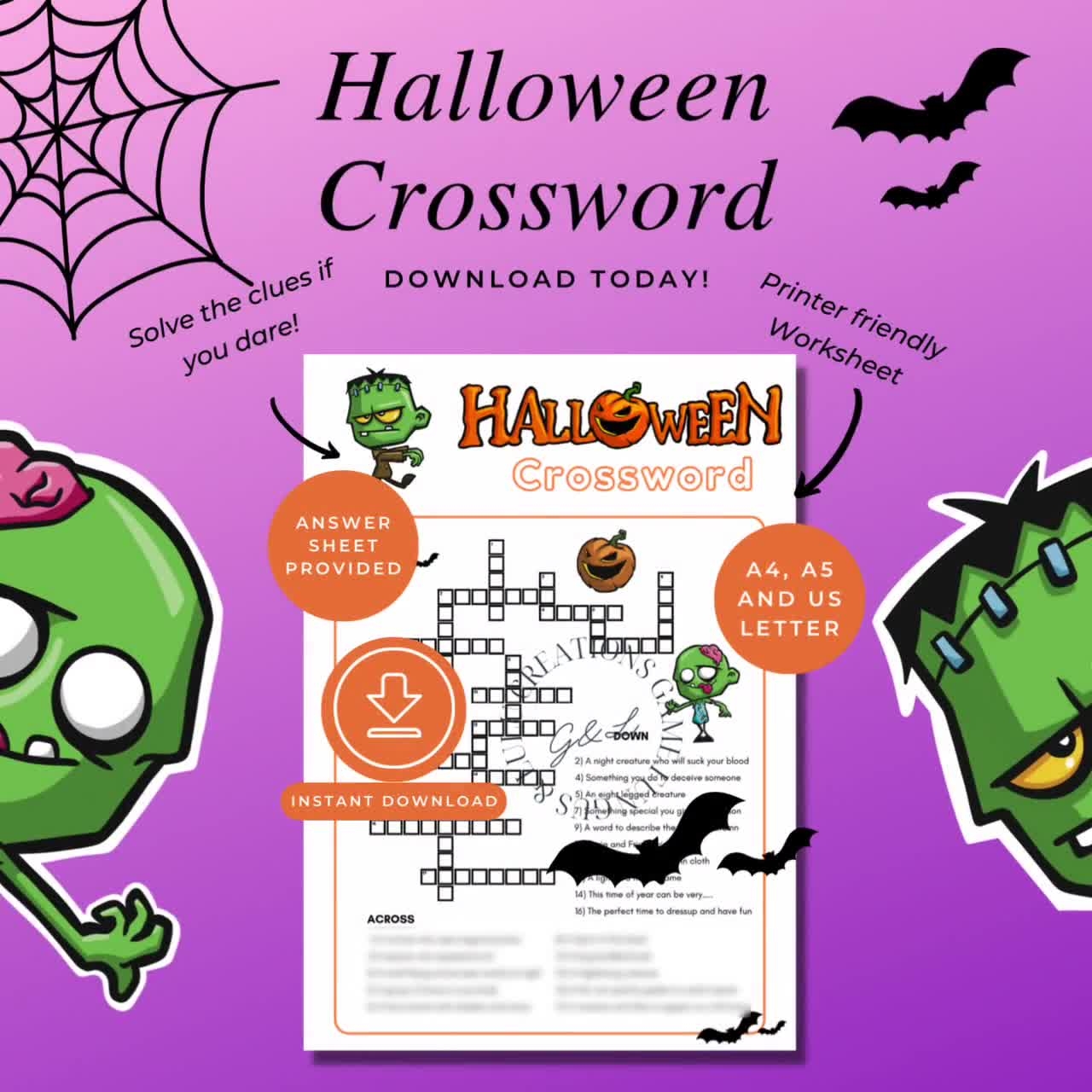 Halloween Crossword Printable Instant Download Halloween Fun Games Printable Family Fun For Kids And Adults Fun Halloween Download PDF Etsy