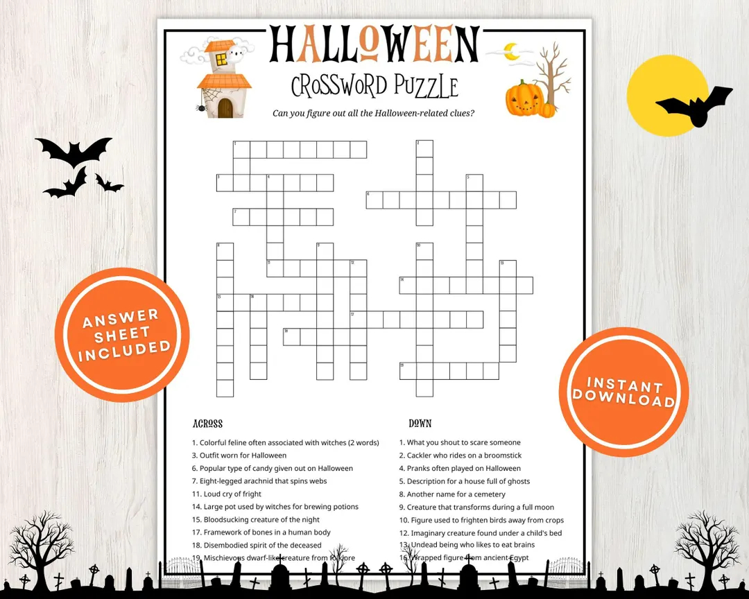 halloween crossword puzzle for kids and adults fun printable halloween word game great for parties teens and classrooms instant download etsy