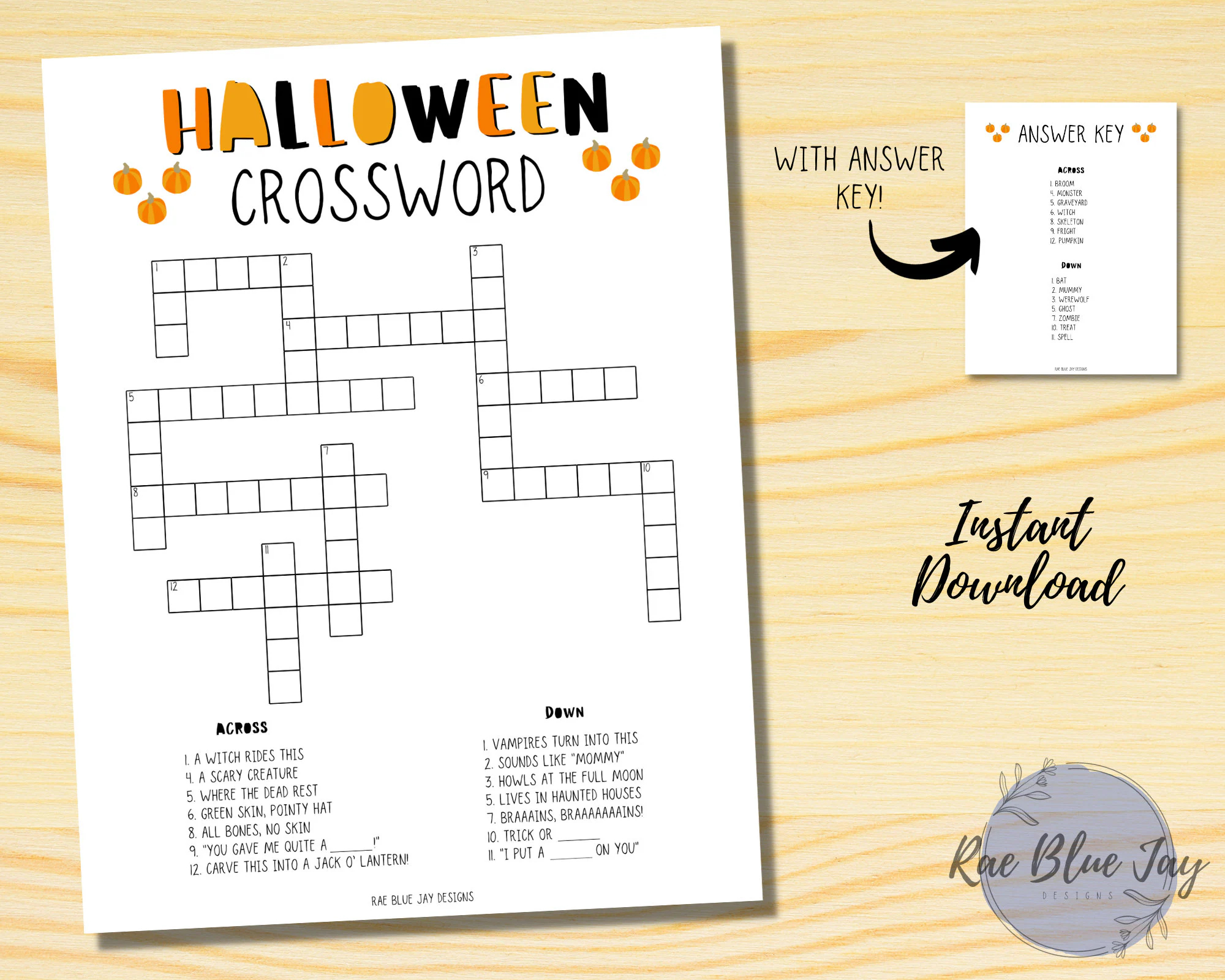 halloween crossword puzzle printable instant download kids crossword puzzle halloween game halloween activity kids halloween fun etsy