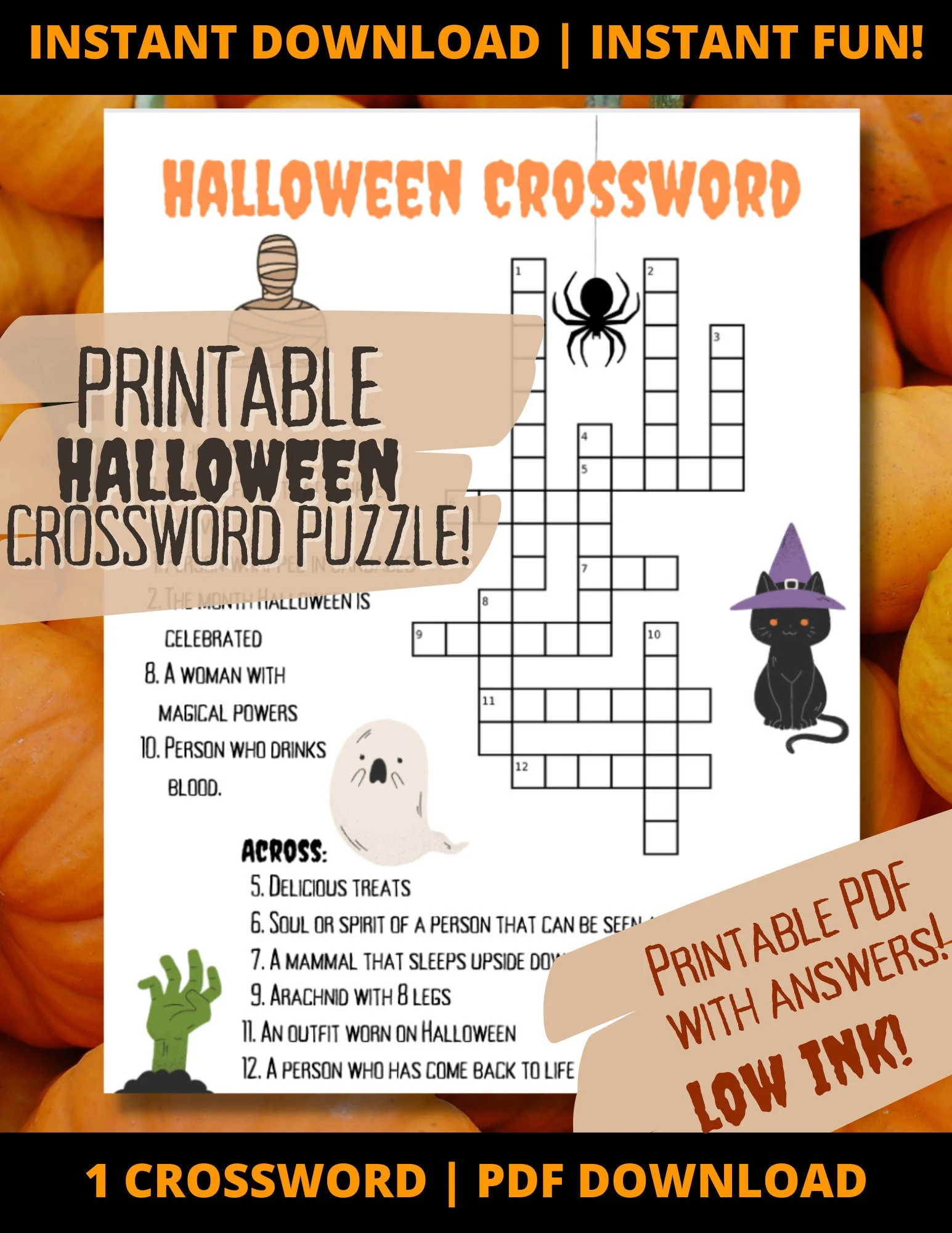 halloween printable crossword puzzle with answer key etsy