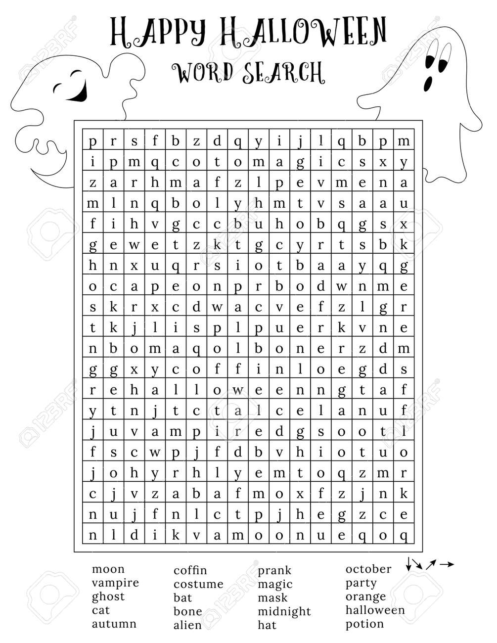 Happy Halloween Word Search Puzzle October Crossword Game Printable Worksheet For Learning English Words Autumn Theme Black And White Simple Vector Illustration Ghosts Character Royalty Free SVG Cliparts Vectors And Stock Illustration 