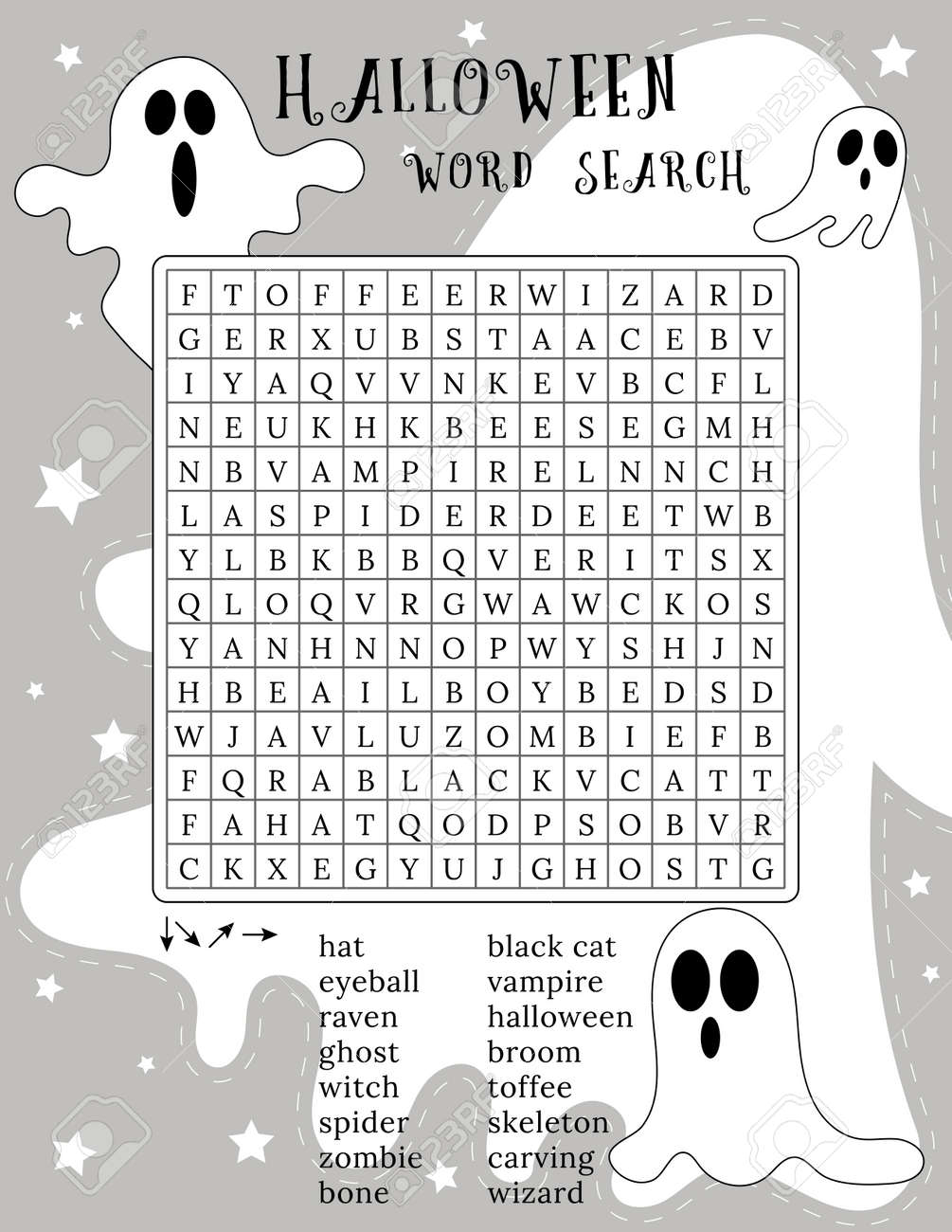 Happy Halloween Word Search Puzzle October Crossword Game Printable Worksheet For Learning English Words Autumn Theme Find 16 Hidden Words Vector Illustration With Ghosts Characters Royalty Free SVG Cliparts Vectors And Stock