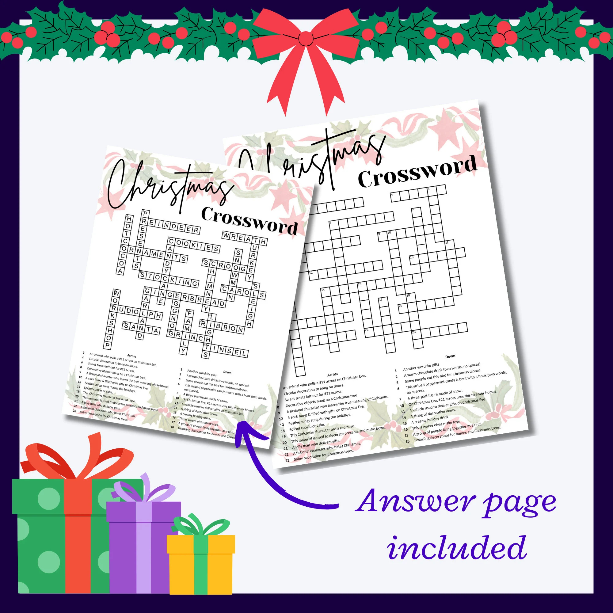 hard christmas crossword puzzle for christmas parties great non religious cross word puzzle for adults teens etsy