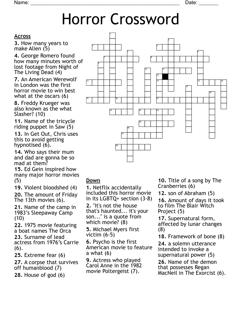 Horror Crossword WordMint Horror Crossword WordMint