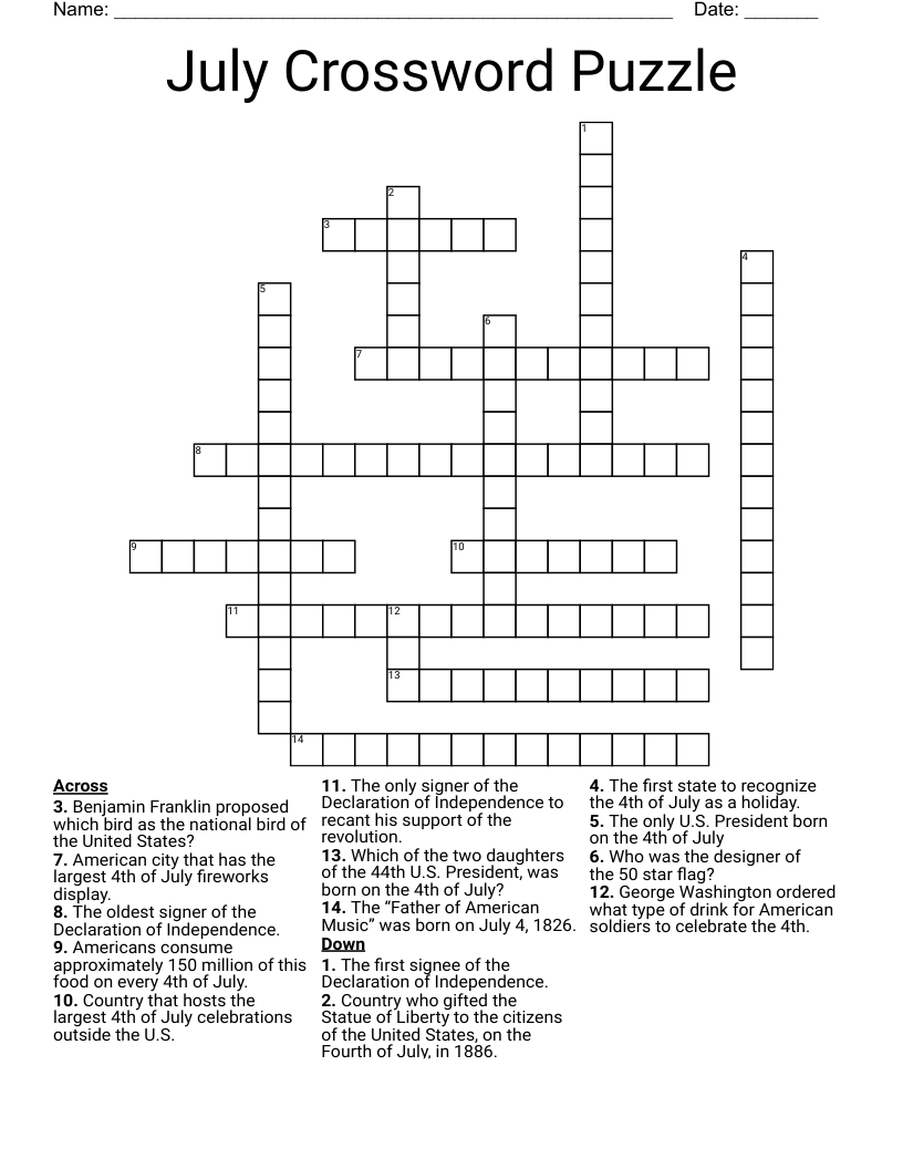 July Crossword Puzzle Printable