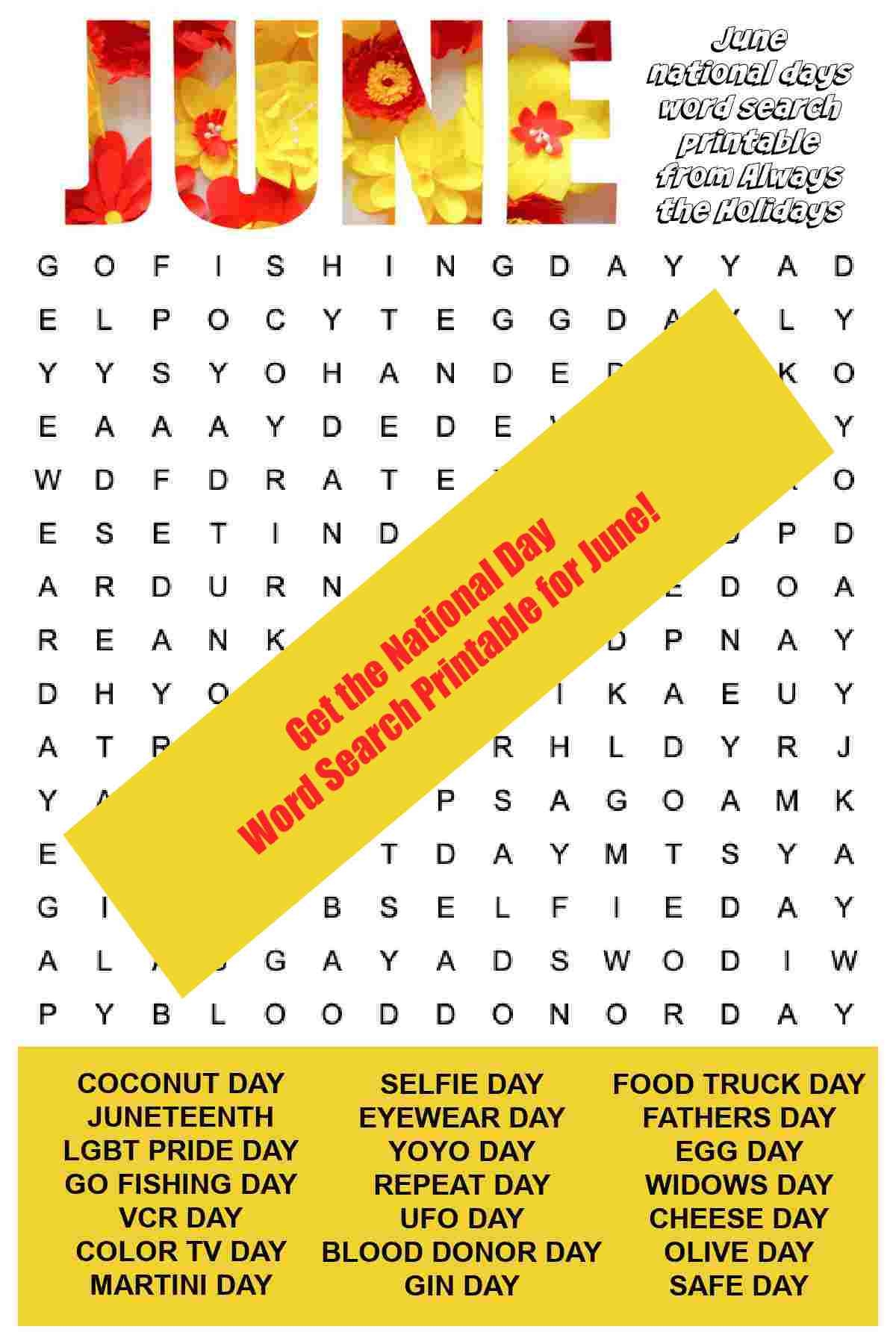 June Word Search Printable National Days Word Find Puzzle June Word Search Printable National Days Word Find Puzzle