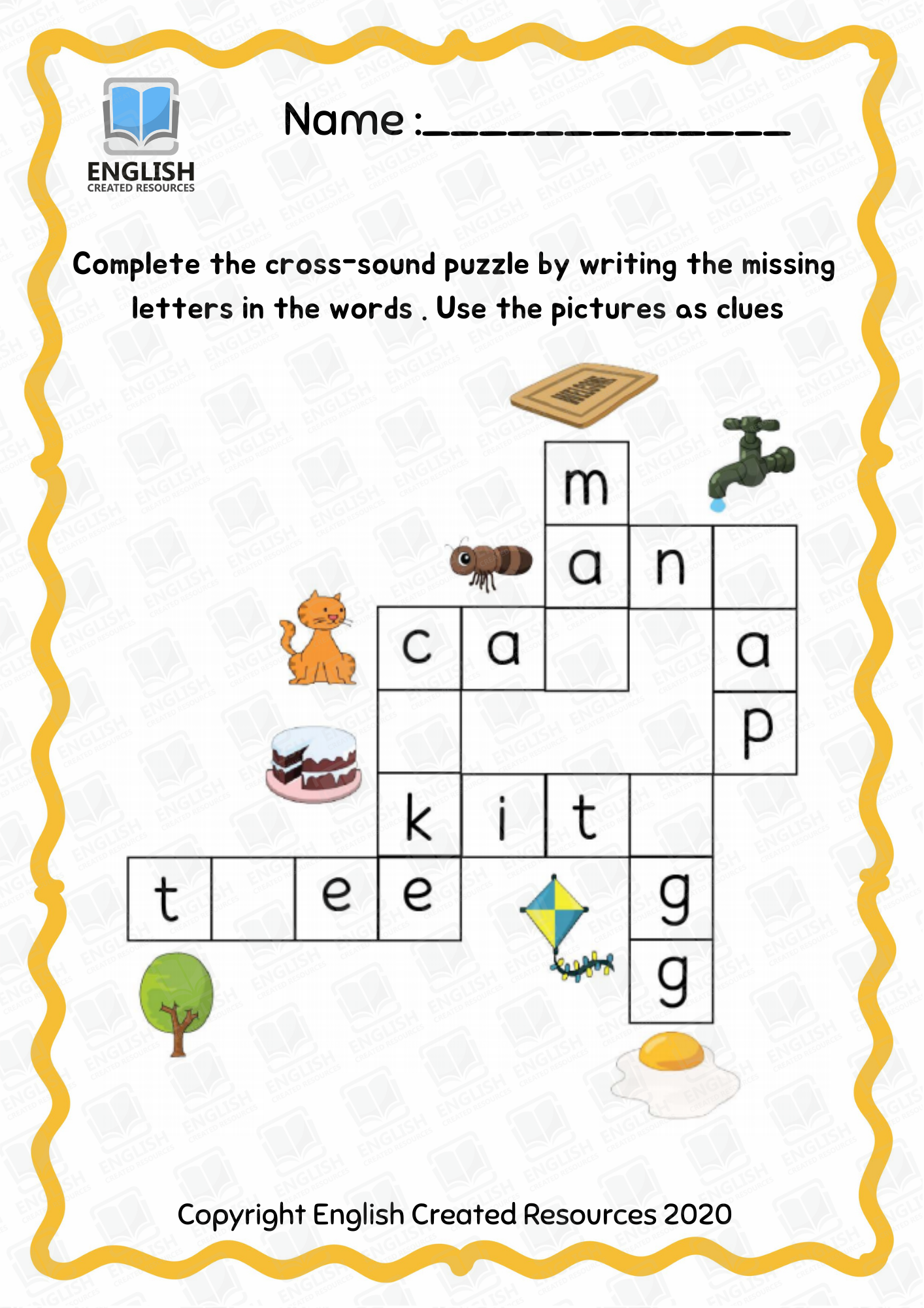 kindergarten crossword puzzle english created resources