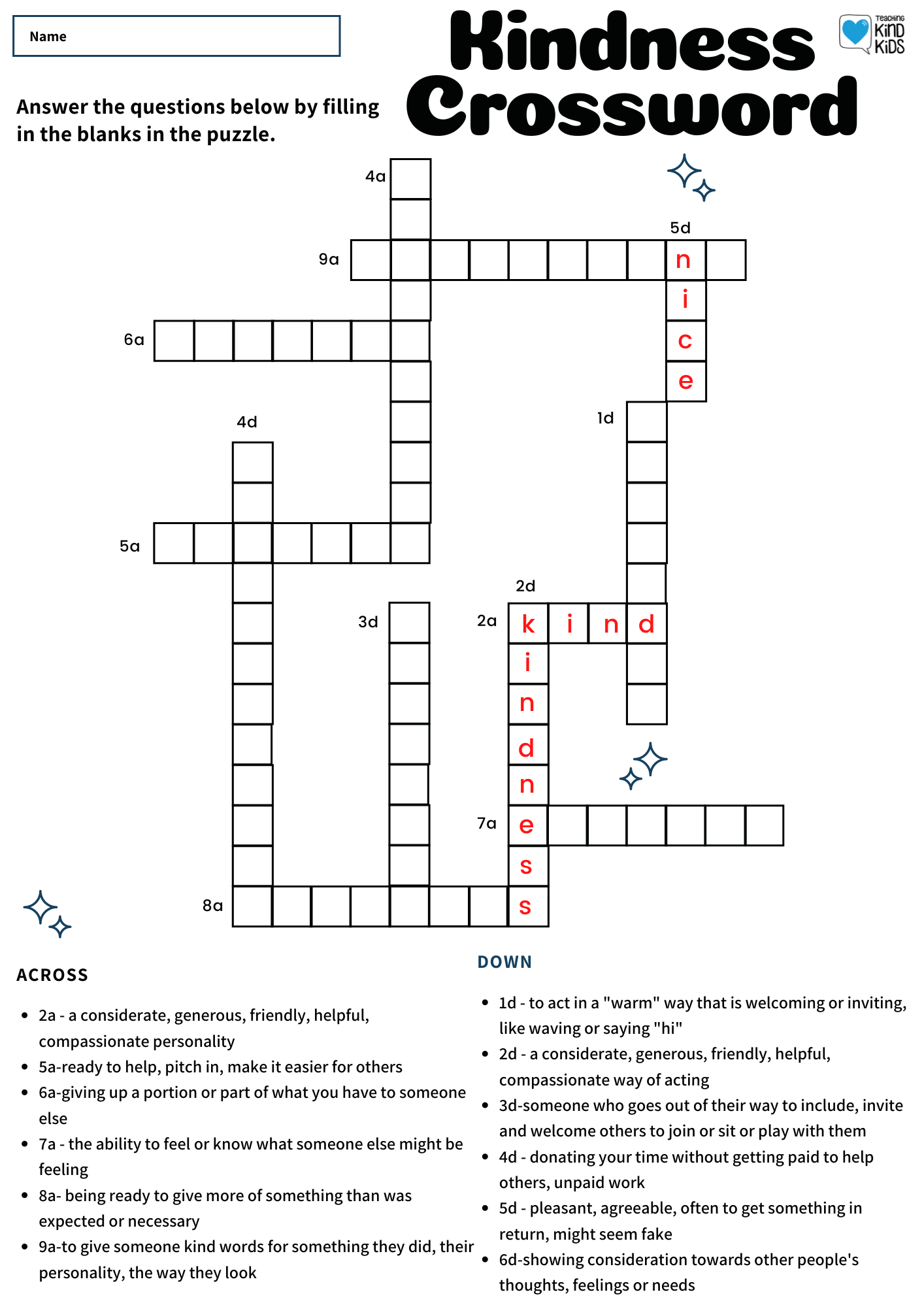 kindness crossword puzzle to help teach sel vocabulary
