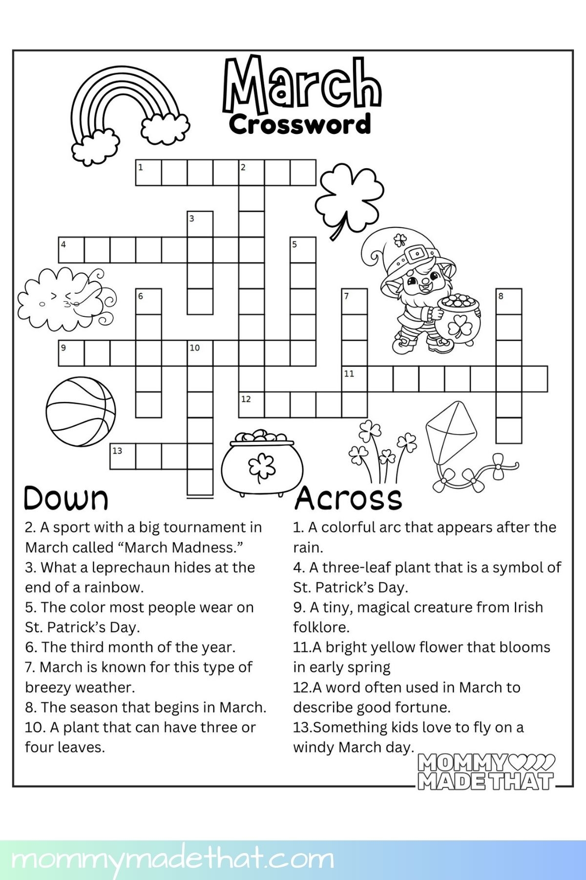 March Crossword Puzzle Free Printable With Answer Key 