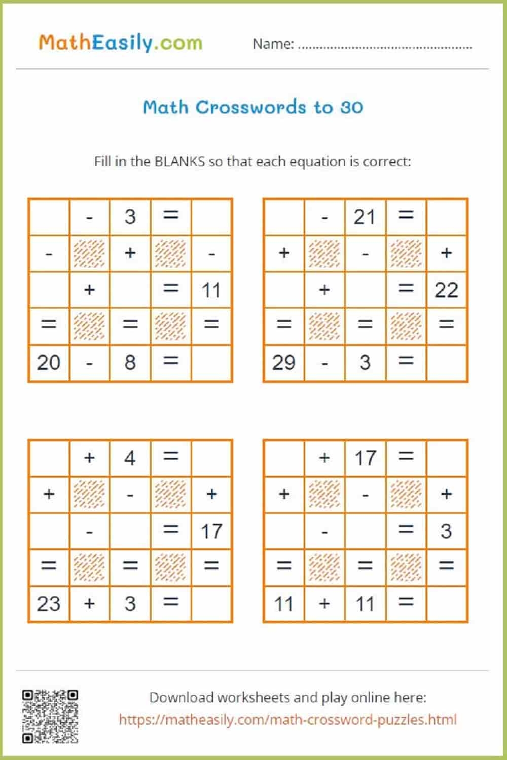 Math Crossword Game Addition And Subtraction