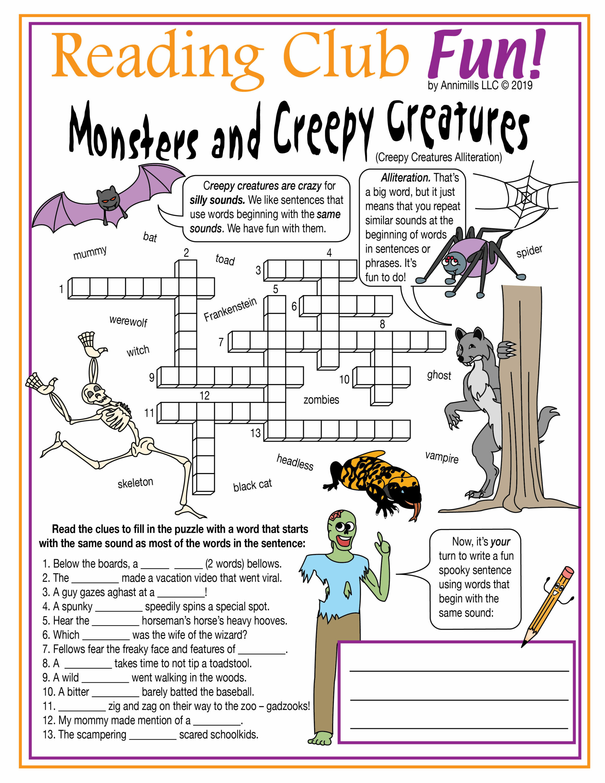 Monsters And Creepy Creatures Anytime Fun Alliteration Printable Crossword Made By Teachers