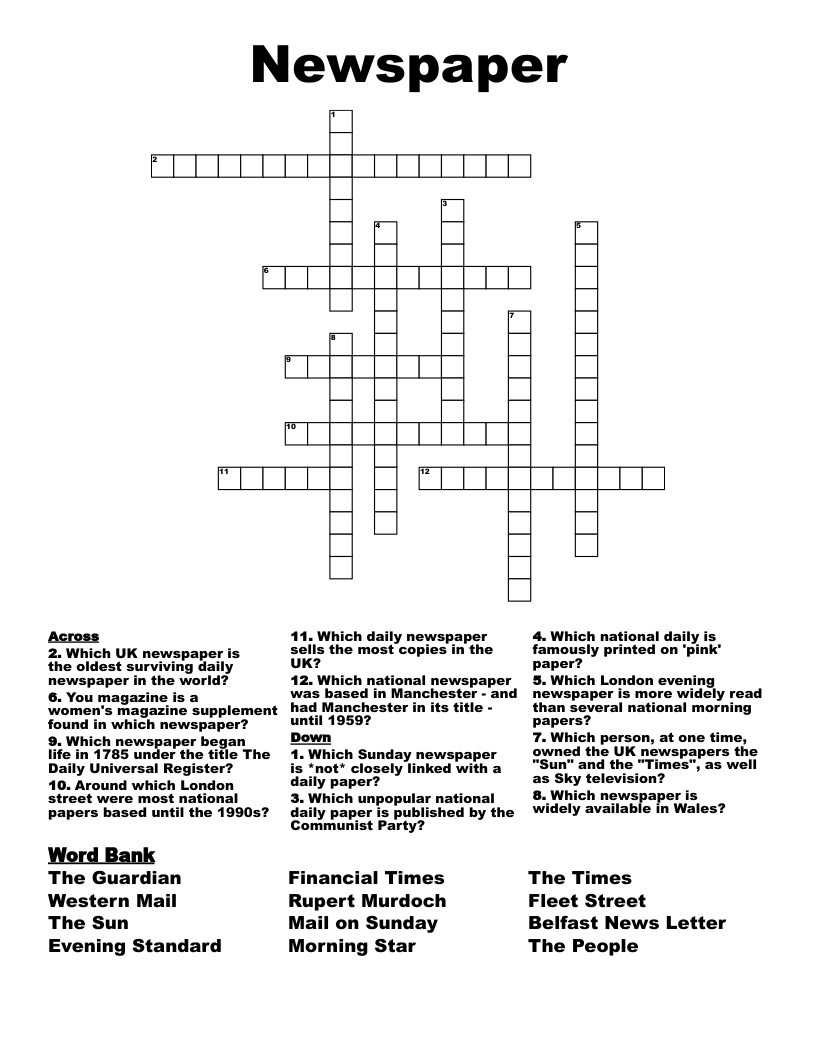 Newspaper Crossword WordMint Newspaper Crossword WordMint
