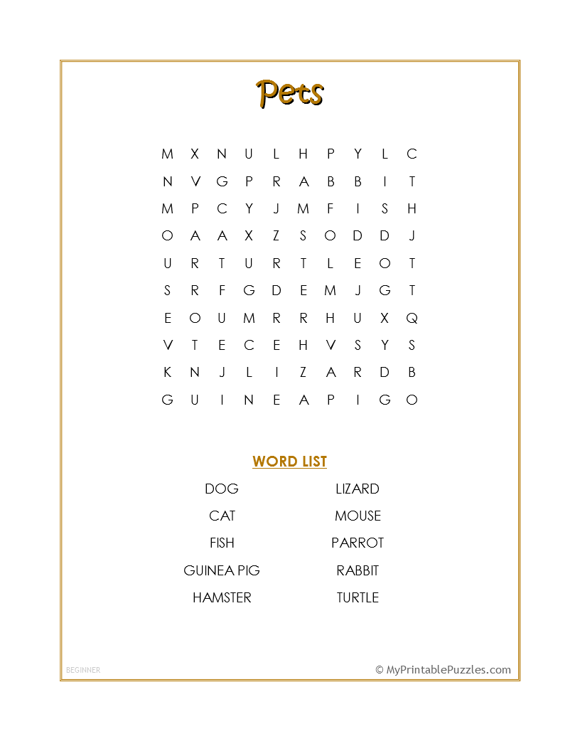 Pets Word Search Beginner My Printable Puzzles Pets Word Search Beginner My Printable Puzzles