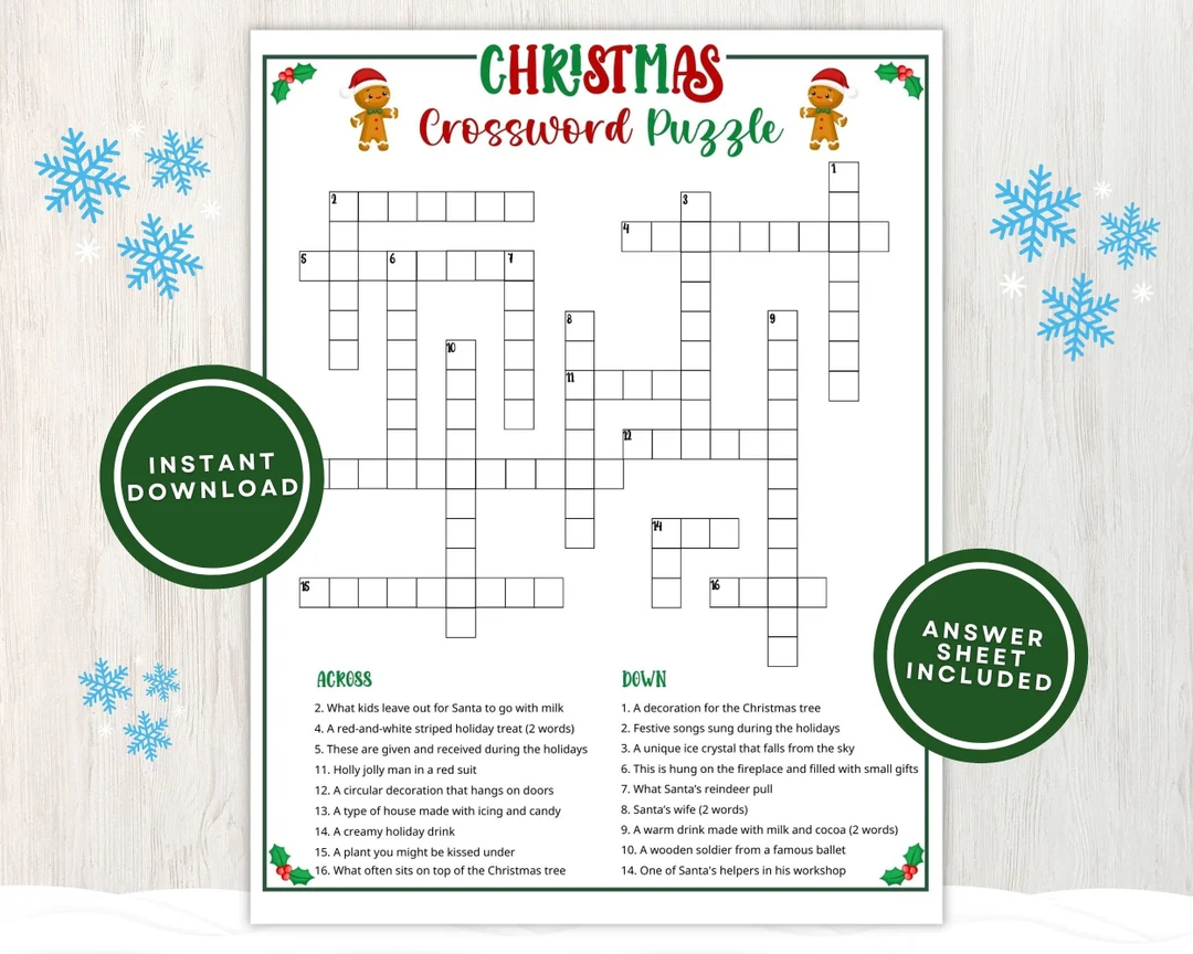 printable christmas crossword puzzle for kids and adults fun christmas word game for holiday parties and classrooms instant download etsy