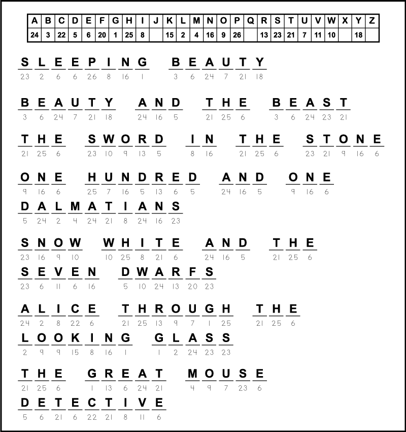 Printable Disney Movies Cryptograms Tree Valley Academy