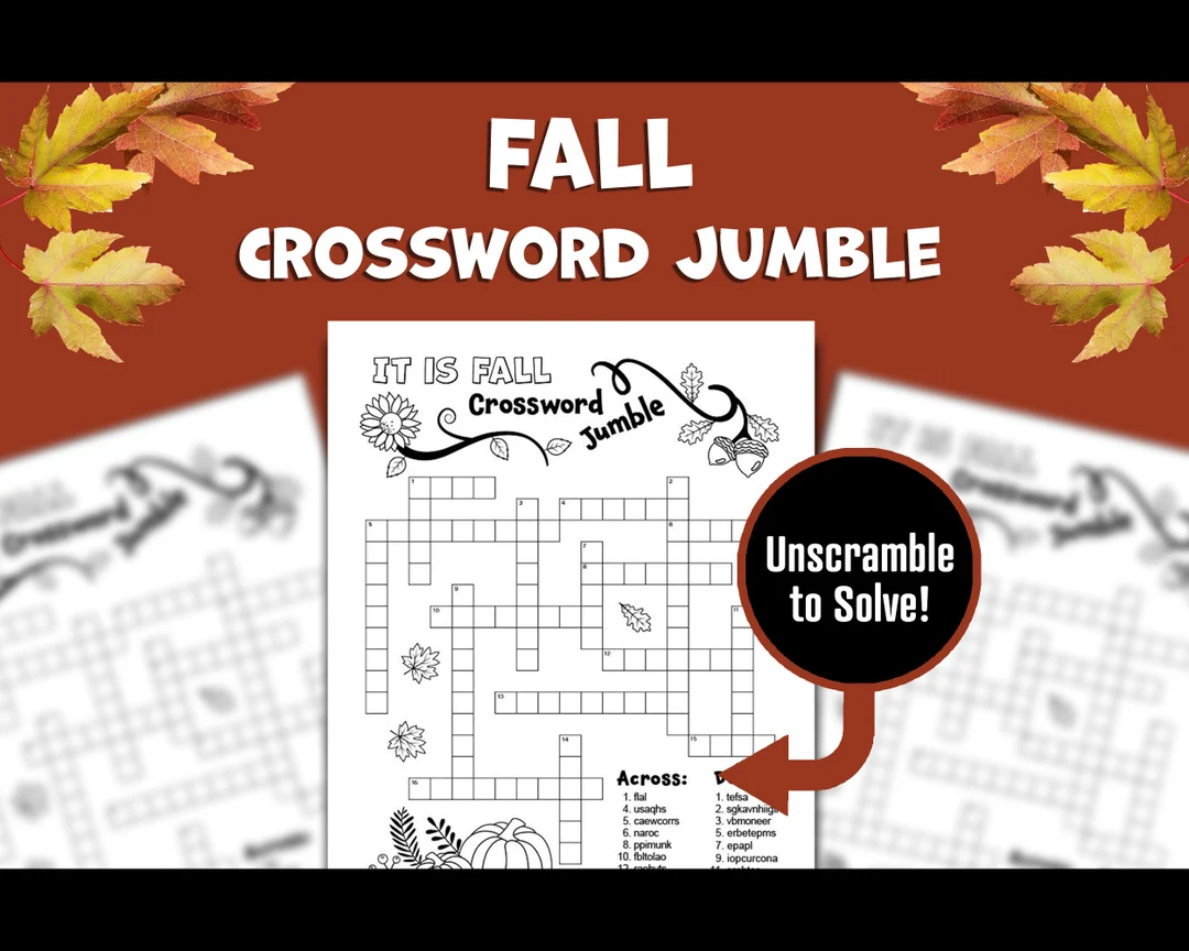 Printable Fall Crossword Puzzle Autumn Word Scramble Activity For Kids Stress Relief Puzzle For Adults And Senior Citizens Etsy