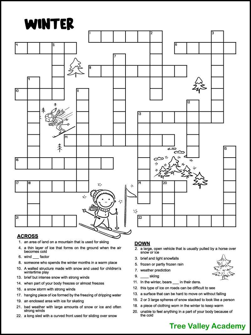 printable winter crossword puzzles for kids tree valley academy