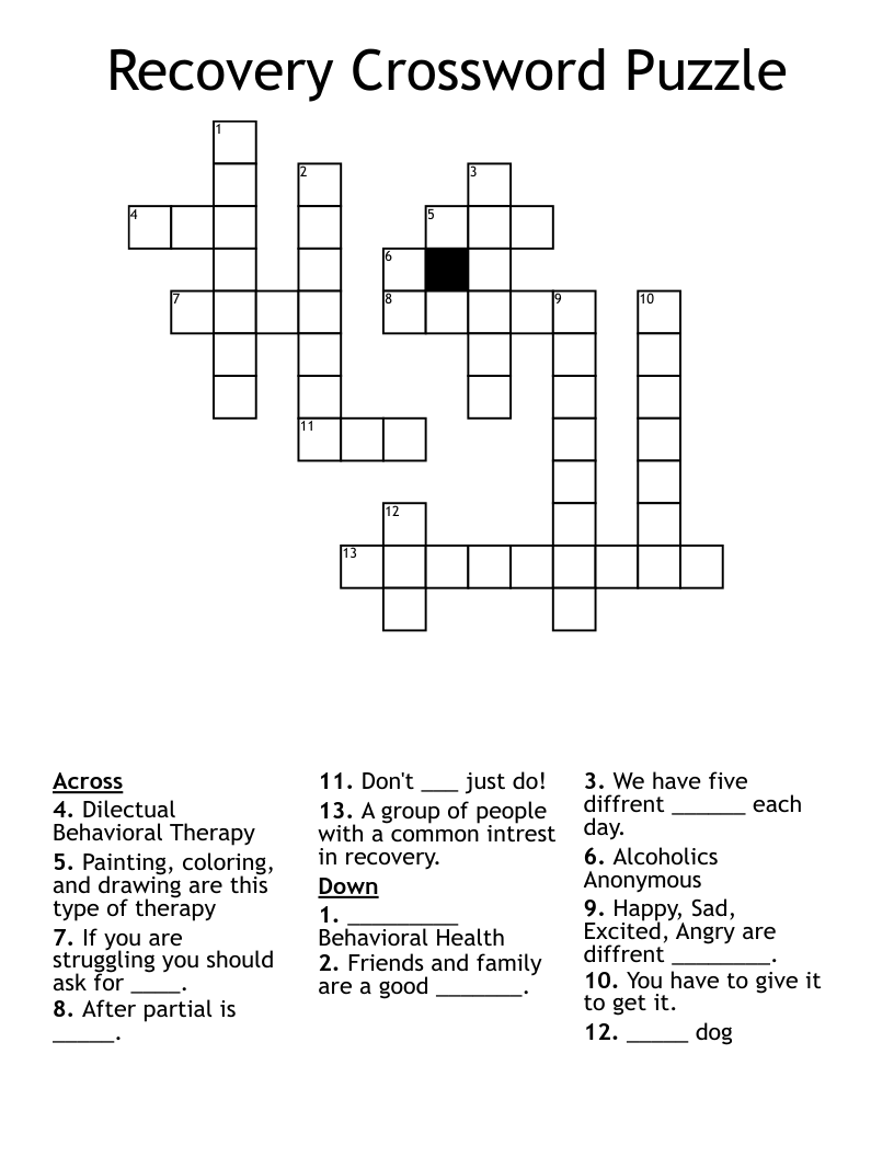 Recovery Crossword Puzzle WordMint