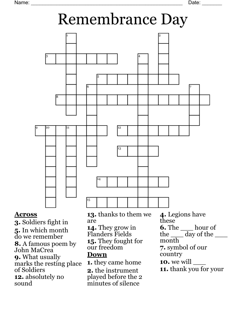 Remembrance Day Crossword WordMint