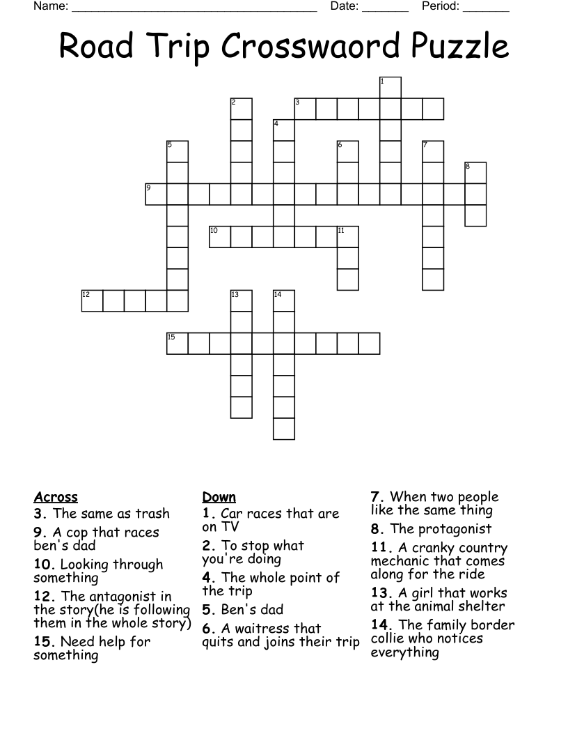 Road Trip Crosswaord Puzzle Crossword WordMint