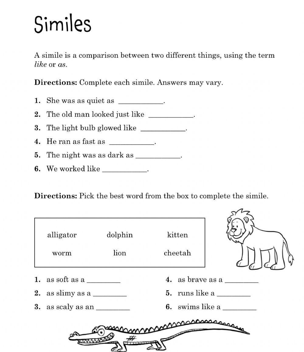 Free and Printable Simile Crossword Worksheet for 3rd Graders