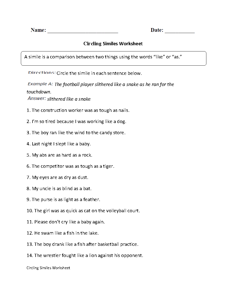 Similes Worksheets Free Printable Figurative Language Practice