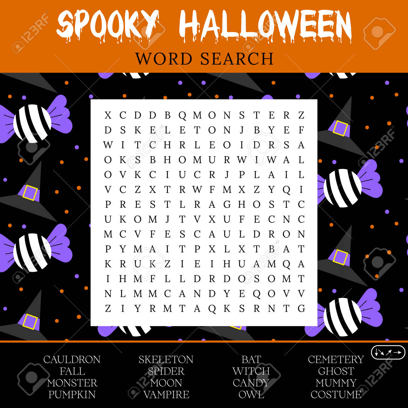 Spooky Halloween Word Search Puzzle October Crossword Game Worksheet For Learning English Words Autumn Theme Find 16 Hidden Words Suitable For Social Media Post Royalty Free SVG Cliparts Vectors And Stock Illustration 