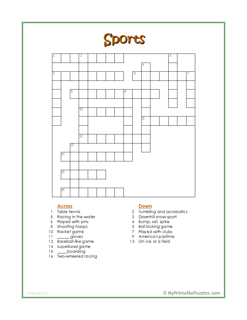 sports crossword puzzle intermediate my printable puzzles