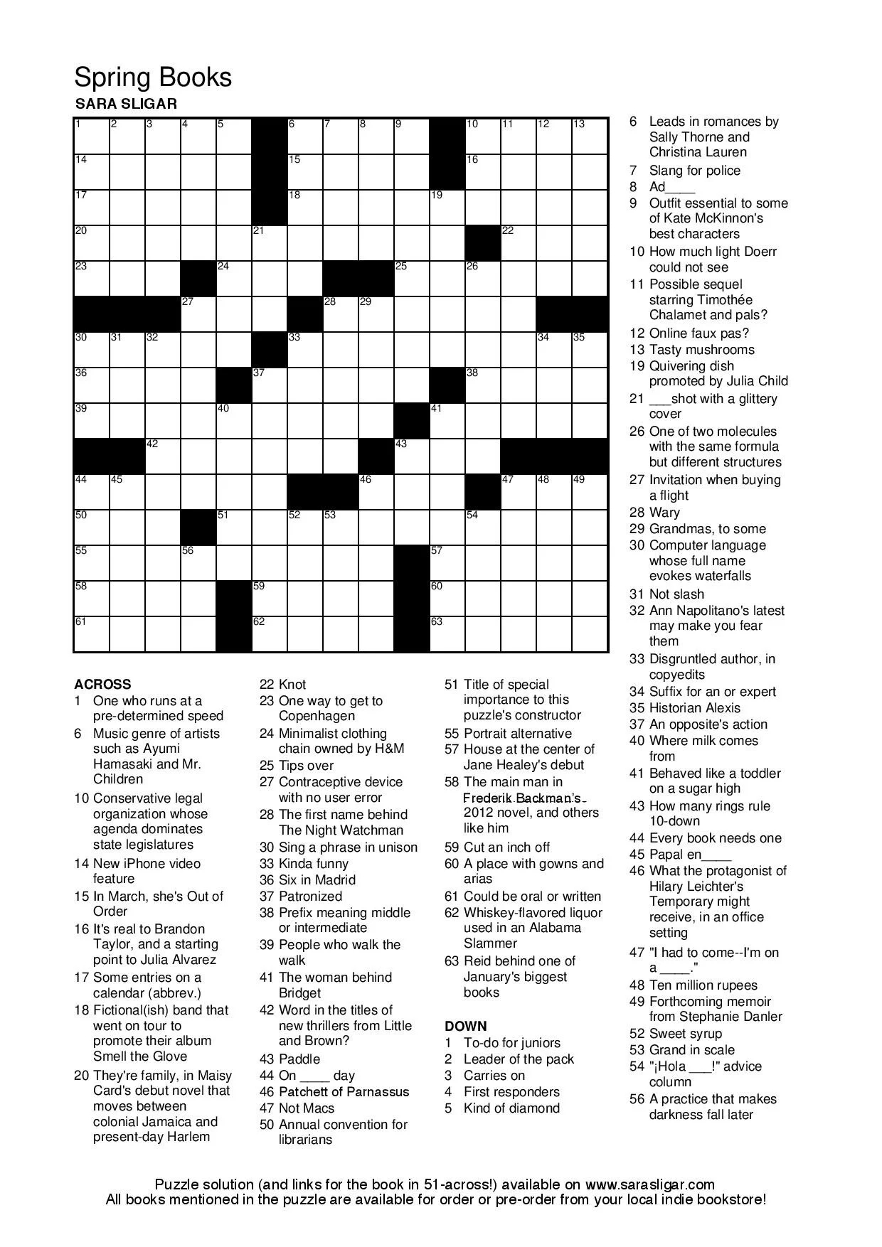 Spring Books Crossword Puzzle Sara Sligar Spring Books Crossword Puzzle Sara Sligar