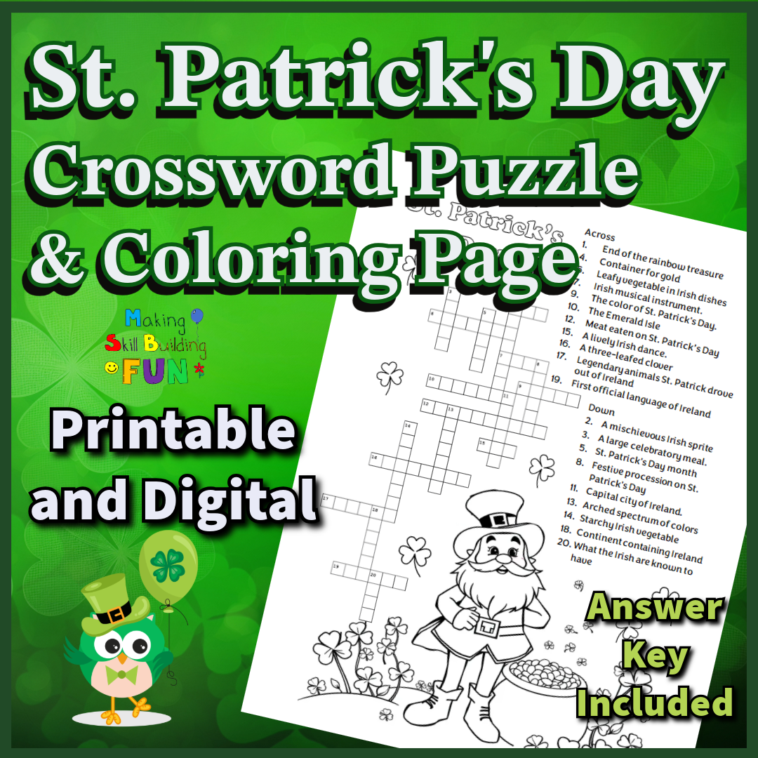 St Patrick s Day Crossword Puzzle Coloring Page With Word Bank Printable Digital 2nd Grade 3rd Grade 4th Grade 5th Grade No Prep Classful
