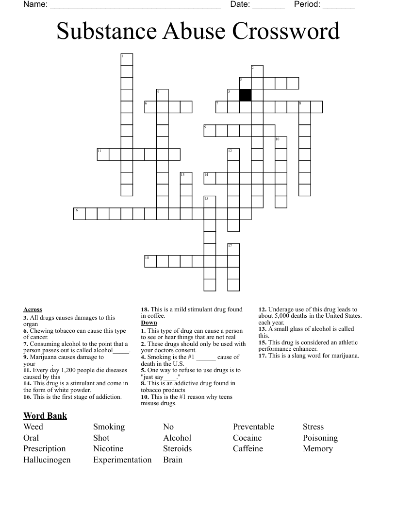 Substance Abuse Crossword WordMint Substance Abuse Crossword WordMint