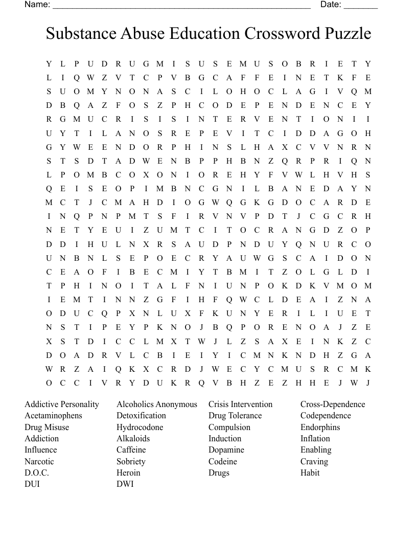 Substance Abuse Education Crossword Puzzle Word Search WordMint Substance Abuse Education Crossword Puzzle Word Search WordMint