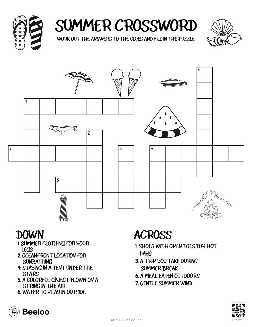 Summer Crossword for Kids Printable