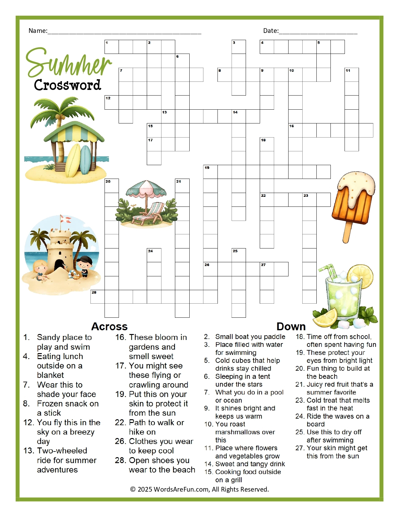 Adult Summer Crossword Puzzle Free Printable