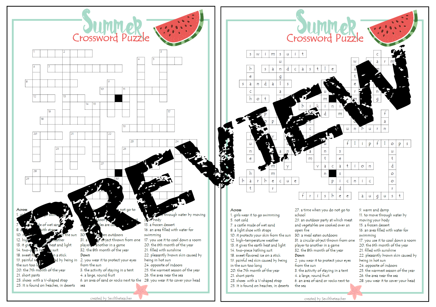 Free Elementary Crossword Puzzles Printable Summer