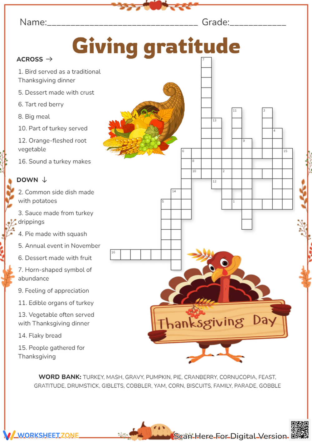 Thanksgiving Crossword Puzzle Worksheets 2025