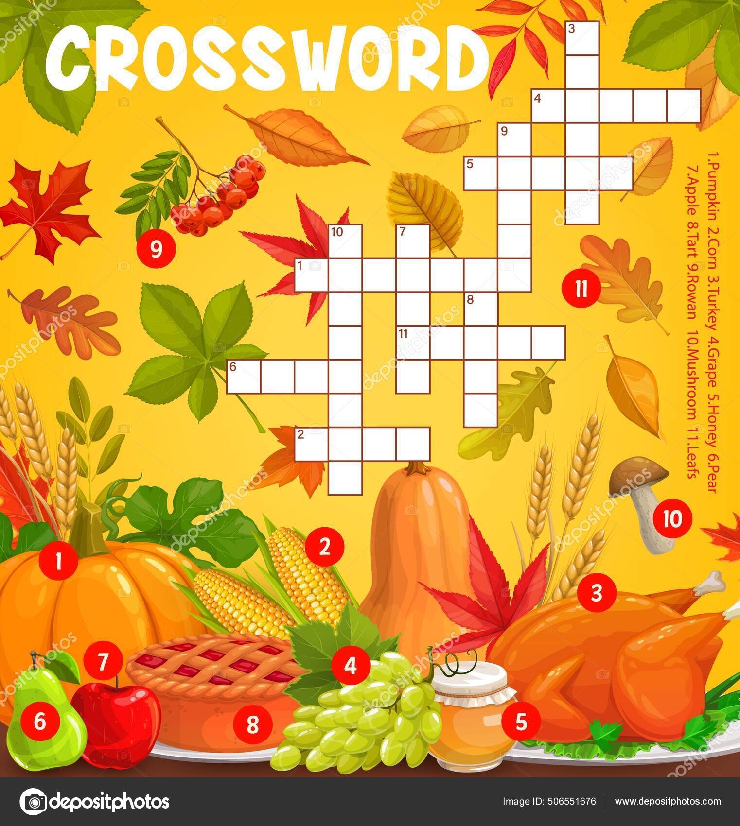 Thanksgiving Meals Autumn Harvest Falling Leaves Vector Crossword Puzzle Game Stock Vector By Seamartini 506551676