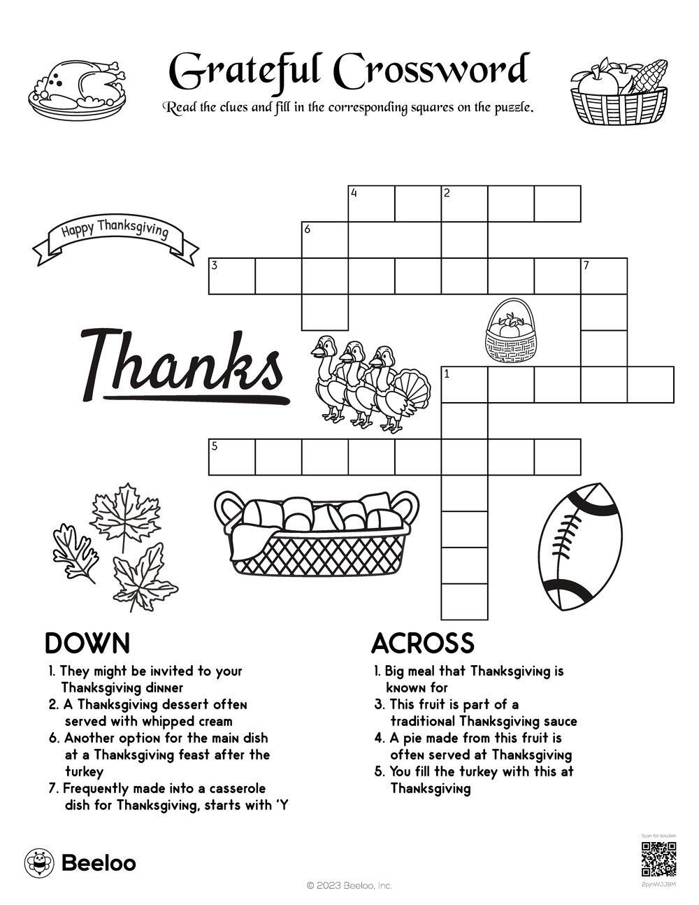 Free Printable Thanksgiving Fill in Crossword