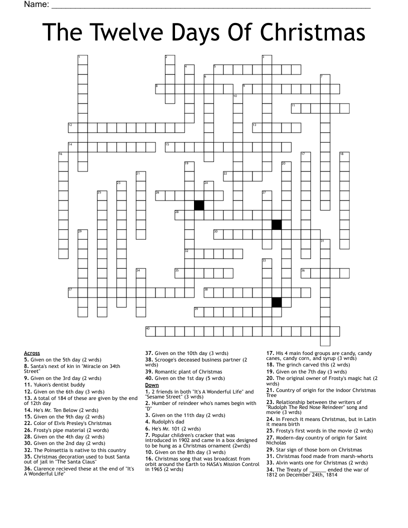 The Twelve Days Of Christmas Crossword WordMint