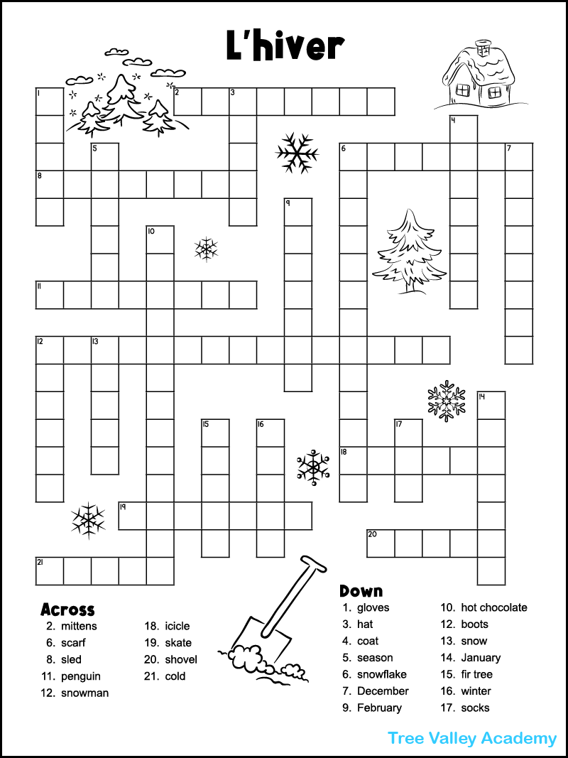 Tree Valley Academy X Free Printable Winter Themed Crossword Puzzle To Help Beginner Or Intermediate Level Students To Build Their French Vocabulary The 23 Clues Are In English And The Answers