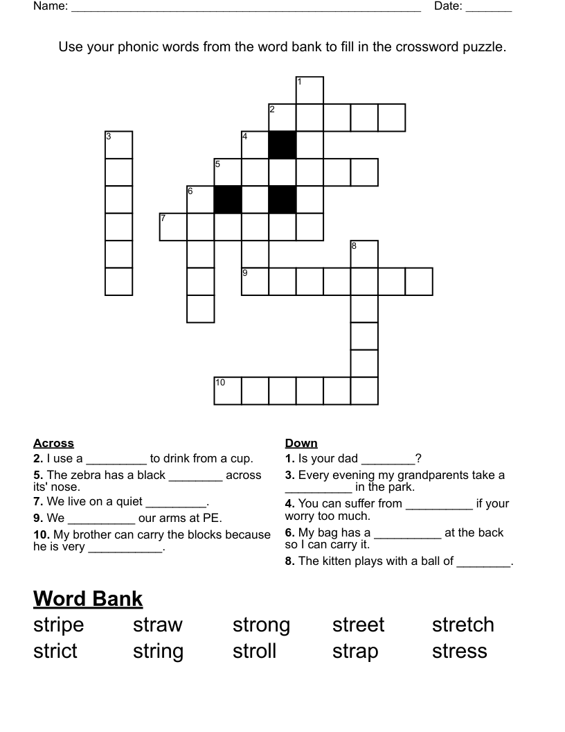 use your phonic words from the word bank to fill in the crossword puzzle wordmint