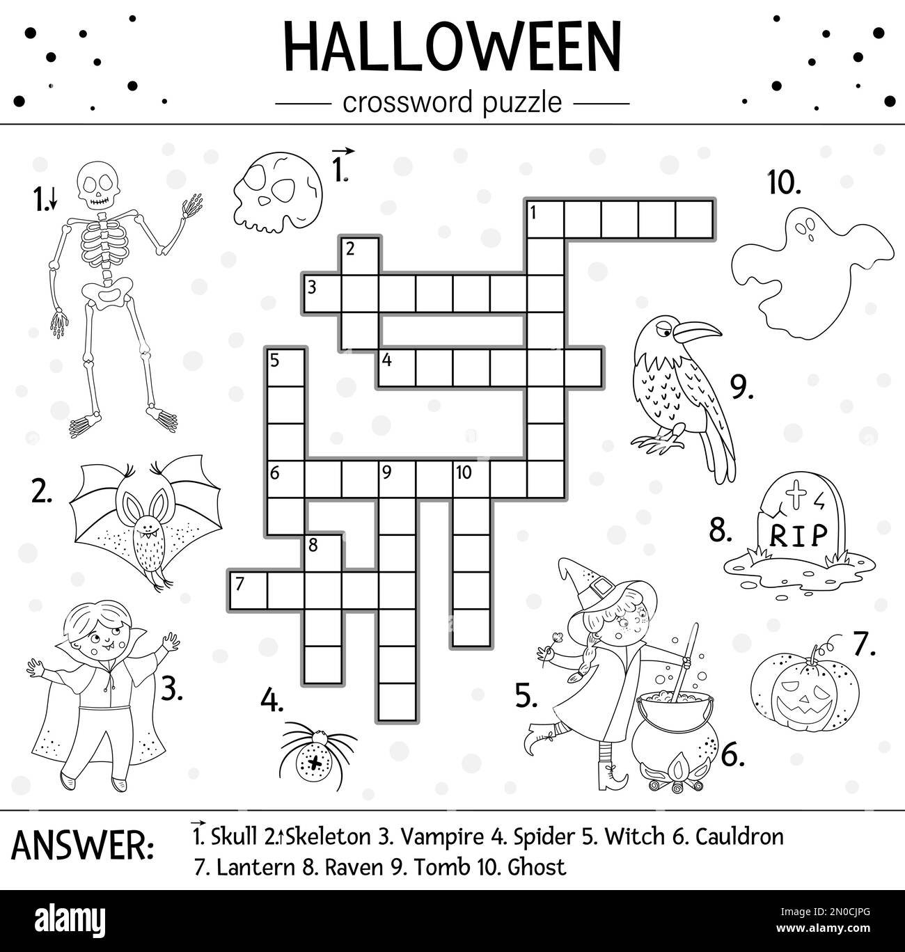 Vector Black And White Halloween Crossword Puzzle For Kids Simple Quiz Or Coloring Page With All Saints Day Objects Educational Activity With Tradit Stock Vector Image Art Alamy