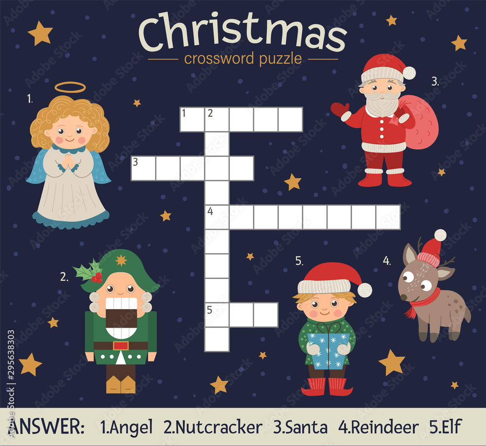 Vector Christmas Crossword Puzzle Bright And Colorful Winter Quiz For Children Educational New Year Activity With Santa Claus Angel Nutcracker Elf Deer Stock Vector Adobe Stock
