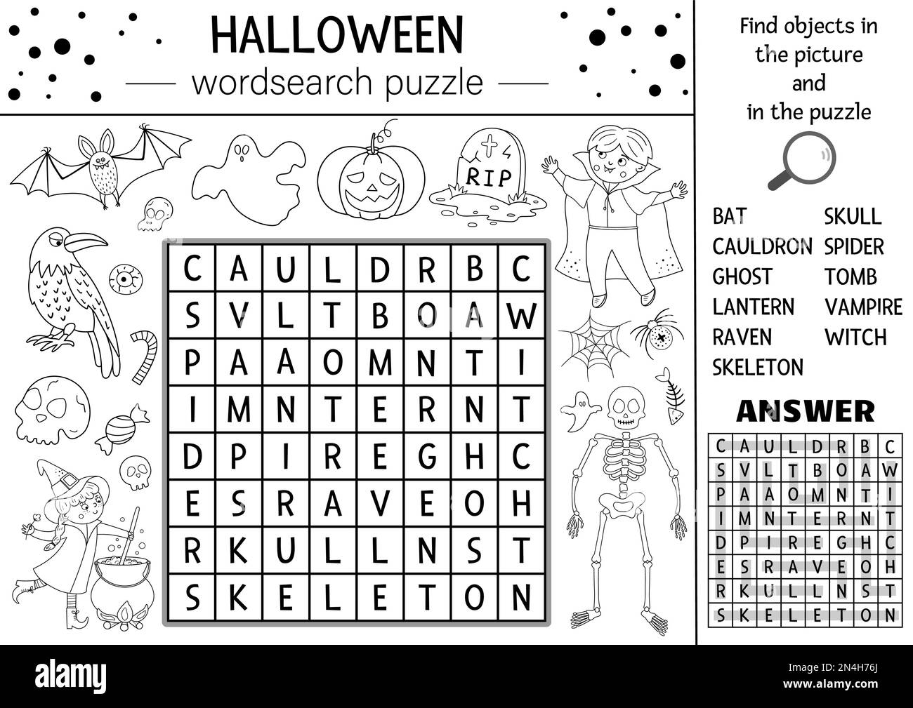 Vector Halloween Black And White Wordsearch Puzzle For Kids Simple Crossword Or Coloring Page With Haunted House And Scary Things Keyword Activity W Stock Vector Image Art Alamy