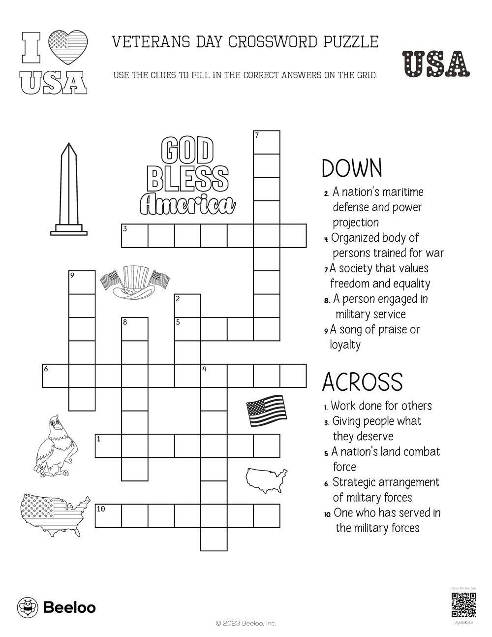 Veterans Day Crossword Puzzle Beeloo Printable Crafts And Activities For Kids