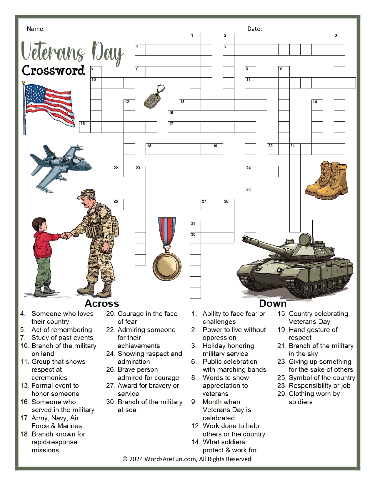 Veterans Day Crossword Puzzle Veterans Day Crossword Puzzle