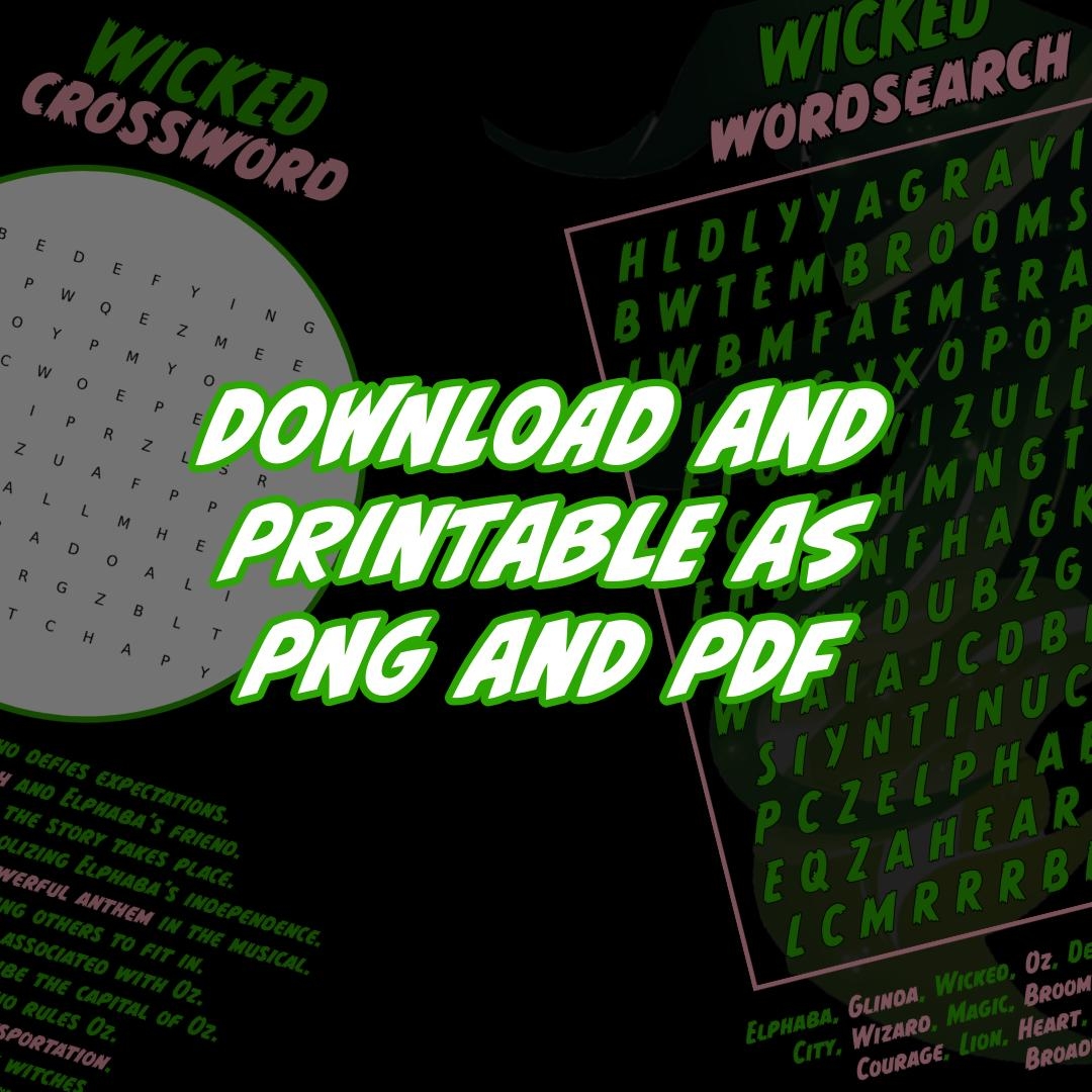Wicked Musical Printable Wordsearch Crossword Fun Puzzle For Theatre Lovers Witchy Oz Adventure Gift Musical Word Art Game Etsy